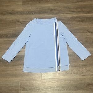 Xacus Donna 38 (Small) Blouse Blue Poplin Cotton Striped Italy Made Mock Neck